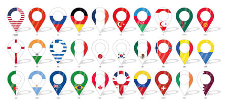 Country flag location sign. 30 flags. United States of America, Chine, Russia, Germany, Turkey, England, India, Greece, Italy and more countries flag icons. Flags of countries with check-ins.のイラスト素材