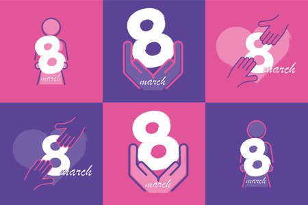8 march icon and logo design icon set. Set of 8 march international women's day design logo in pink and purple colors. Woman holding the number 8 on hand, heart and hands.のイラスト素材