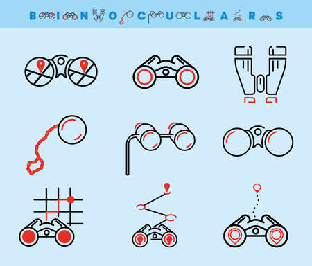 Binoculars and location line icons set. Such Icons include things like binoculars, monocular lens, geolocation. Colorful binoculars and location icon set. Editable Stroke. Logo, web.のイラスト素材
