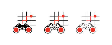 Set of Binoculars and Location Line Icons. These types of Icons include things like binocular viewing and determining rotation. Colorful binoculars and location icon set. Editable Stroke. Logo, web.のイラスト素材