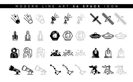 Various Space icon set. These icons are space related symbols. Silhouette, thin and thick line set. Isolated on white. Editable line. Space Icon, Space sign, symbol line vector.のイラスト素材