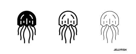 Jellyfish line icon set. Such icons include thin, thick and silhouette jellyfish icon set. Editable line. Fish icon. Fish logo template. Creative vector symbol of fishing club or online web shop.のイラスト素材