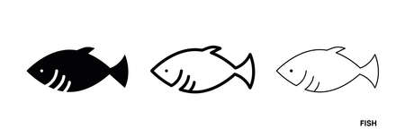 Fish line icon set. Such icons include thin, thick and silhouette fish icon set. Editable line. Fish icon. Fish logo template. Creative vector symbol of fishing club or online web shop.のイラスト素材