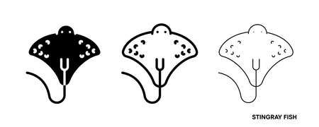 Stingray fish line icon set. Such icons include thin, thick and silhouette Stingray fish icon set. Editable line. Fish icon. Fish logo template. Creative vector symbol of fishing club or online web.のイラスト素材