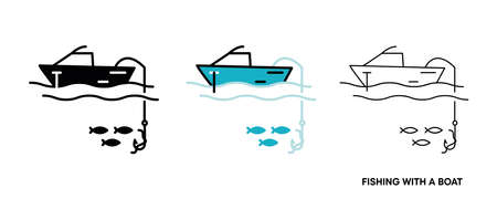 Fishing from the boat icon set. This icon is the icon symbol showing fish caught from the boat. Editable icon set. Fishing club or online web shop creative vector line art.のイラスト素材