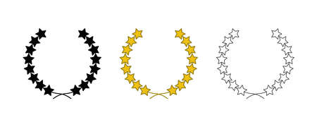Yellow color, silhouette, circular star and an award, heraldry wreath. Collection of wreaths depicting success, victory, crown, winner, ornate, vector icon illustration.のイラスト素材