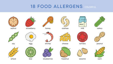 18s Food allergy icon set. Essential allergens and diet line icons vector set. Isolated on white background. Modern editable color icon set. Your web mobile application logo design.のイラスト素材