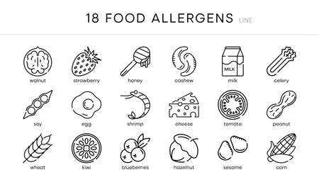 18s Food allergy icon set. Essential allergens and diet line icons vector set. Isolated on white background. Modern editable line icon set. Your web mobile application logo design.のイラスト素材