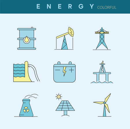 Energy design icon set. Colorful energy icon set. Natural energy types vector illustration on background for your web mobile application logo design. Modern editable calligraphy.のイラスト素材