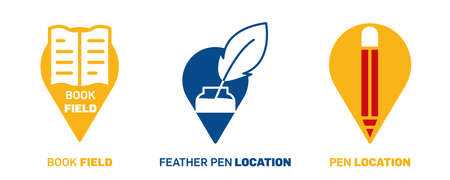Feather pen location icon design logo. Silhouette, colorful and linear feather pen icon set. Creative location icon for your web mobile application logo design. Line vector illustration.のイラスト素材