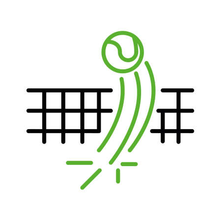 Tennis ball icon. The ball passing through the tennis net hits the ground. This icon is the icon symbols of the tennis match. Sports competition icon set. Editable Stroke. Logo, web and app.のイラスト素材