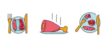 Cut meat and sausage icon on serving plate. Steak icon set. Barbecue grill. To collect. These icons contain hot food icons. It is a set of beautiful colorful drawings.のイラスト素材