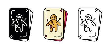 Doll on playing card. Cursed rag doll. Set for Halloween concept. Set of colored and silhouette linear icons.のイラスト素材