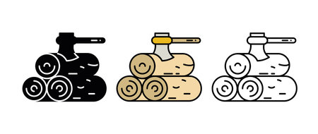 Ax icon set stuck in tree stumps. Thin line icons of wood production process. Manufacturing icon set. Silhouette, colorful and linear set.のイラスト素材