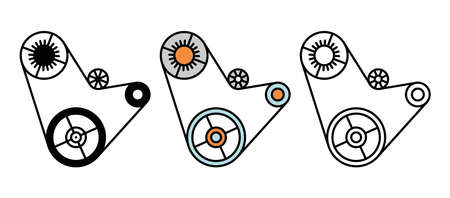 Vehicles engine belt and pulley parts icon set. Car parts line icons. Automobile manufacturing icon...