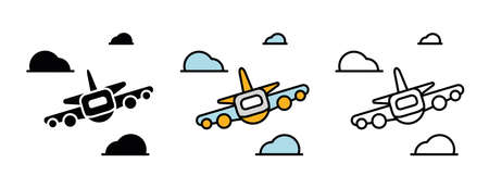 Airplane icon set. Airplane front side sketch set among clouds. Airplane related icon set....