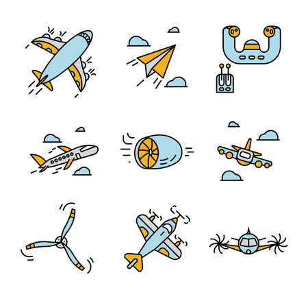 Airplane related icon set. Icon set such as jet airplane, propeller, pilot controller, cardboard airplane. Airplane parts related icon set. Colorful linear set.のイラスト素材