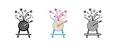 Set of darts and explosion icon together at event. Number 10 shots. Festival and event icon set. Silhouette, colorful linear icon set.のイラスト素材