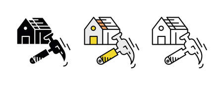 House roof repair process icon set. Architecture icon. Art vector illustration set. Editable rowset. Silhouette, colored, linear icon set.のイラスト素材