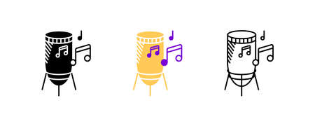 Percussion and musical notes icon set. Entertainment and music icon. Set of percussion instruments. Editable rowset. Silhouette, colored, linear icon set.のイラスト素材