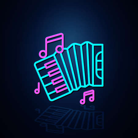 Neon accordion instrument and note icon on. Neon line icon. Entertainment and karaoke music icon. neon icon.のイラスト素材
