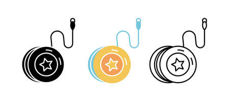 Yoyo toy icon set. Fun and game icon. Child toy set. Editable rowset. Silhouette, colored, linear...