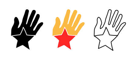 Artistic red star shape card in palm. Present asterisk vector icon set. Silhouette, colored, linear icon set.のイラスト素材