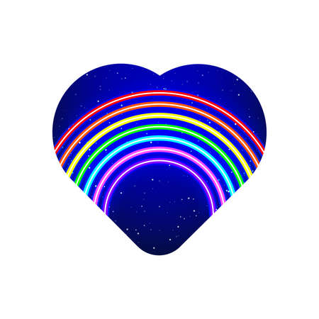 Rainbow icon inside neon colorful heart. Realistic neon multicolored belt line icon. Rainbow night show in neon heart. Isolated On White Background.のイラスト素材