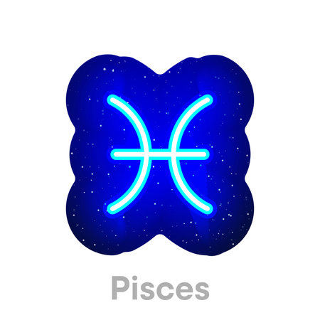 Neon blue Pisces zodiac icon in space. Realistic neon horoscope icon. Glowing neon Pisces zodiac line icon. It has mask area on White Background.のイラスト素材