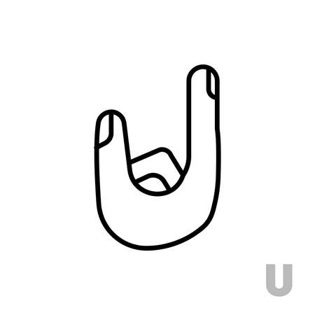 Letter U Universal and handicapped hand alphabet letter. Simple clear linear letter U, hand language. Learning the alphabet, non-verbal deaf-mute communication, expressive gestures vector.のイラスト素材
