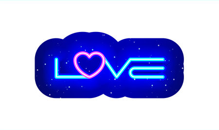 Neon pink and blue love lettering icon type. Valentine's day icon. midnight blue. Realistic neon icon. Neon heart and love symbol icon night show. Isolated On White Background.のイラスト素材