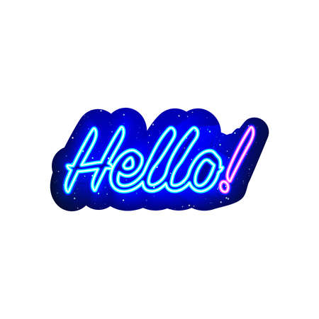 Neon color hello text line. midnight blue. Natural design of hello lettering in neon sky. Realistic neon icon. There is mask area on White Background.のイラスト素材