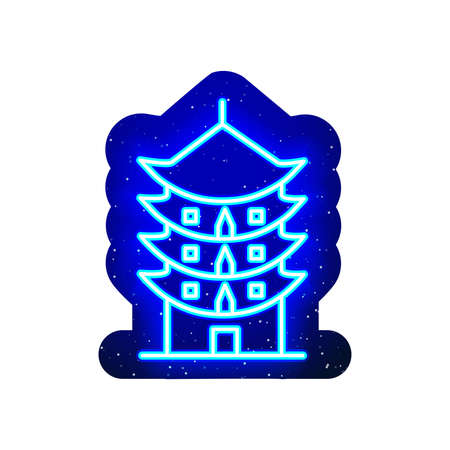 Blue neon pagoda building icon. midnight blue. Neon chinese architectural pagoda design. Realistic neon icon. There is mask area on White Background.のイラスト素材