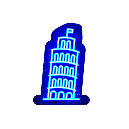 Neon Italy architectural pisa tower design. Blue neon roman tower of pisa building icon. midnight blue. Leaning building or tilted structure. Realistic neon. There is mask area on White Background.のイラスト素材