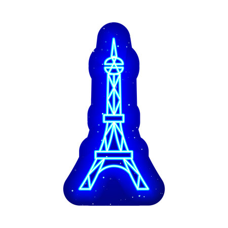 Blue neon eiffel tower icon. midnight blue. Neon old France eiffel architectural design. Realistic neon icon. There is mask area on White Background.のイラスト素材