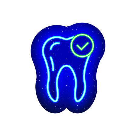 Neon blue healthy tooth icon. midnight blue. Tooth icon design with neon tick sign. Realistic neon dentist icons. There is mask area on White Background.のイラスト素材