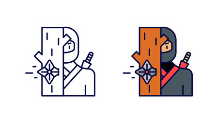 Ninja behind the tree icon set. Star knife in the air series special collection linear icon set. Download creative war encounter related vector. Editable linear icon set. white background.のイラスト素材