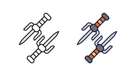 Ninja throwing dagger and colorful knife icon set. Hand held knife special collection linear icon set. Download creative war encounter related vector. white background.のイラスト素材