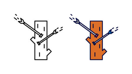 Arrow stuck on tree icon set. Arrow stick flying through the air special collection linear icon set. Download creative war encounter related vector. Warrior tree and bow instruments. white background.のイラスト素材