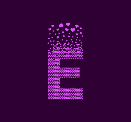 Heart letter E animated pixel dot logo. Capital letter pixel up. Hearts are filled with the letter E. Complementary and integrative pixel movement. Modern heart connect the dots.のイラスト素材