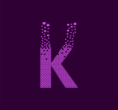 Heart letter K animated pixel dot logo. Capital letter pixel up. Hearts are filled with the letter K. Complementary and integrative pixel movement. Modern heart connect the dots.のイラスト素材