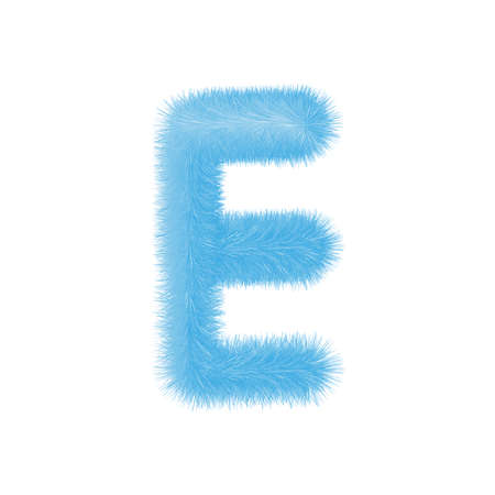 Feathered letter E font vector. Easy editable letters. Soft and realistic feathers. Blue, fluffy, hairy letter E, isolated on white background.のイラスト素材