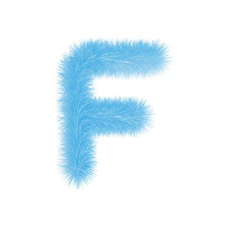 Feathered letter F font vector. Easy editable letters. Soft and realistic feathers. Blue, fluffy, hairy letter F, isolated on white background.のイラスト素材