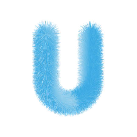 Feathered letter U font vector. Easy editable letters. Soft and realistic feathers. Blue, fluffy, hairy letter U, isolated on white background.のイラスト素材