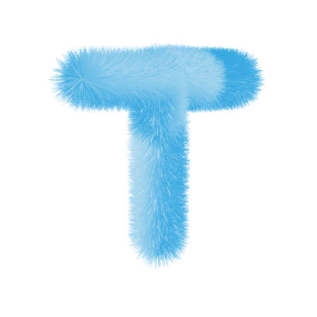 Feathered letter T font vector. Easy editable letters. Soft and realistic feathers. Blue, fluffy, hairy letter T, isolated on white background.のイラスト素材