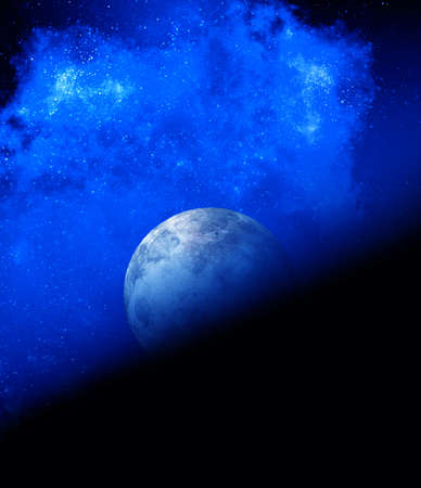 Moon and reflections in blue cosmic space. Moon and super colorful deep dark space. Background night...
