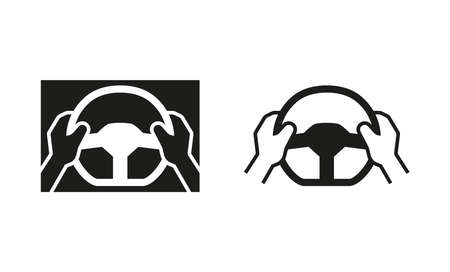Car steering wheel hand hold warning icon. silhouette and linear original logo. Simple outline style sign symbol. Vector illustration isolated on white background.のイラスト素材