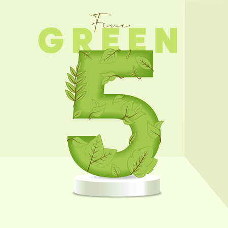 Number 5 leaves and branches on the stand. Leaves font. 5 symbols with green plant texture. Eco symbol collection. Vector design piece and template illustration.のイラスト素材
