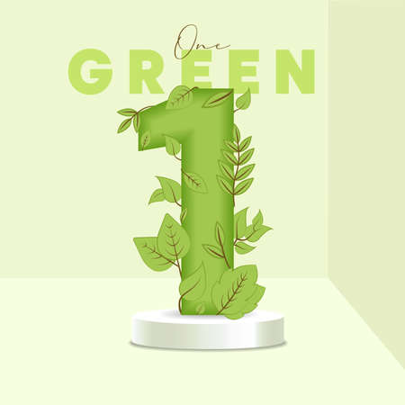 Number 1 leaves and branches on the stand. Leaves font. 1 symbol with green plant texture. Eco symbol collection. Vector design piece and template illustration.のイラスト素材