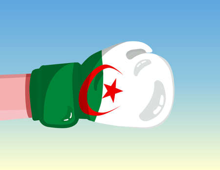 Flag of Algeria on boxing glove. Confrontation between countries with competitive power. Offensive attitude. Separation of power. Template ready design.のイラスト素材